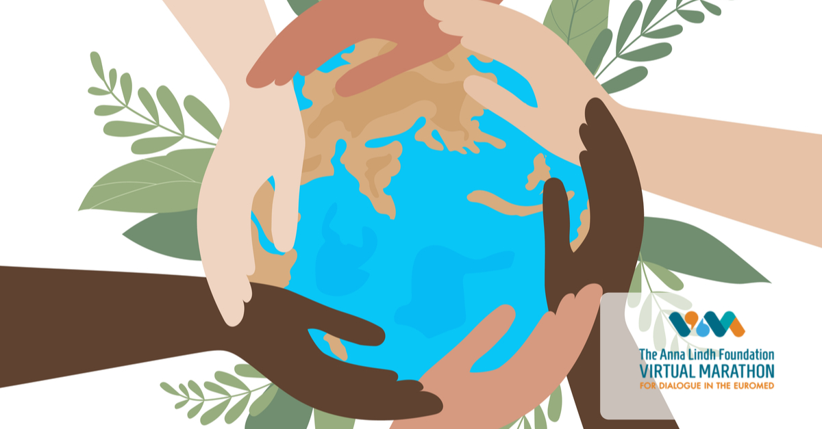 A drawing of the globe in the middle, hands of different color people around it. Some plants grow behind the globe.
